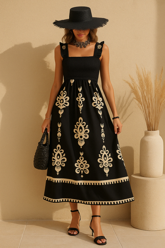Alina - Smocked A-Line Midi Dress with Boho Embroidered Pattern