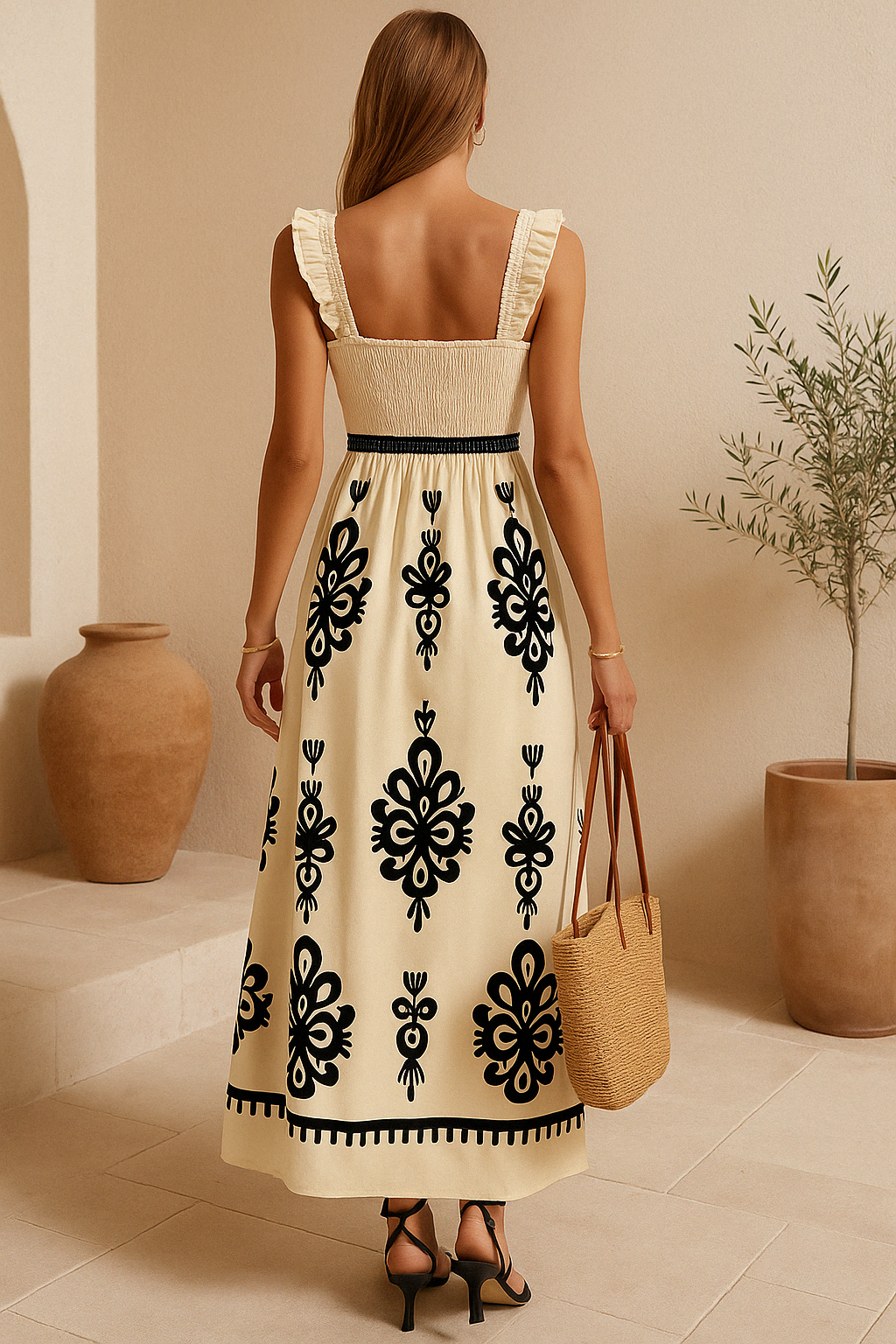 Alina - Smocked A-Line Midi Dress with Boho Embroidered Pattern
