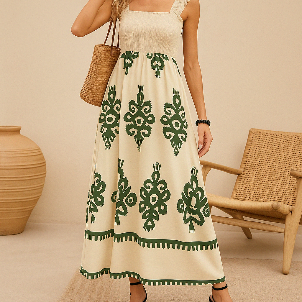 Alina - Smocked A-Line Midi Dress with Boho Embroidered Pattern