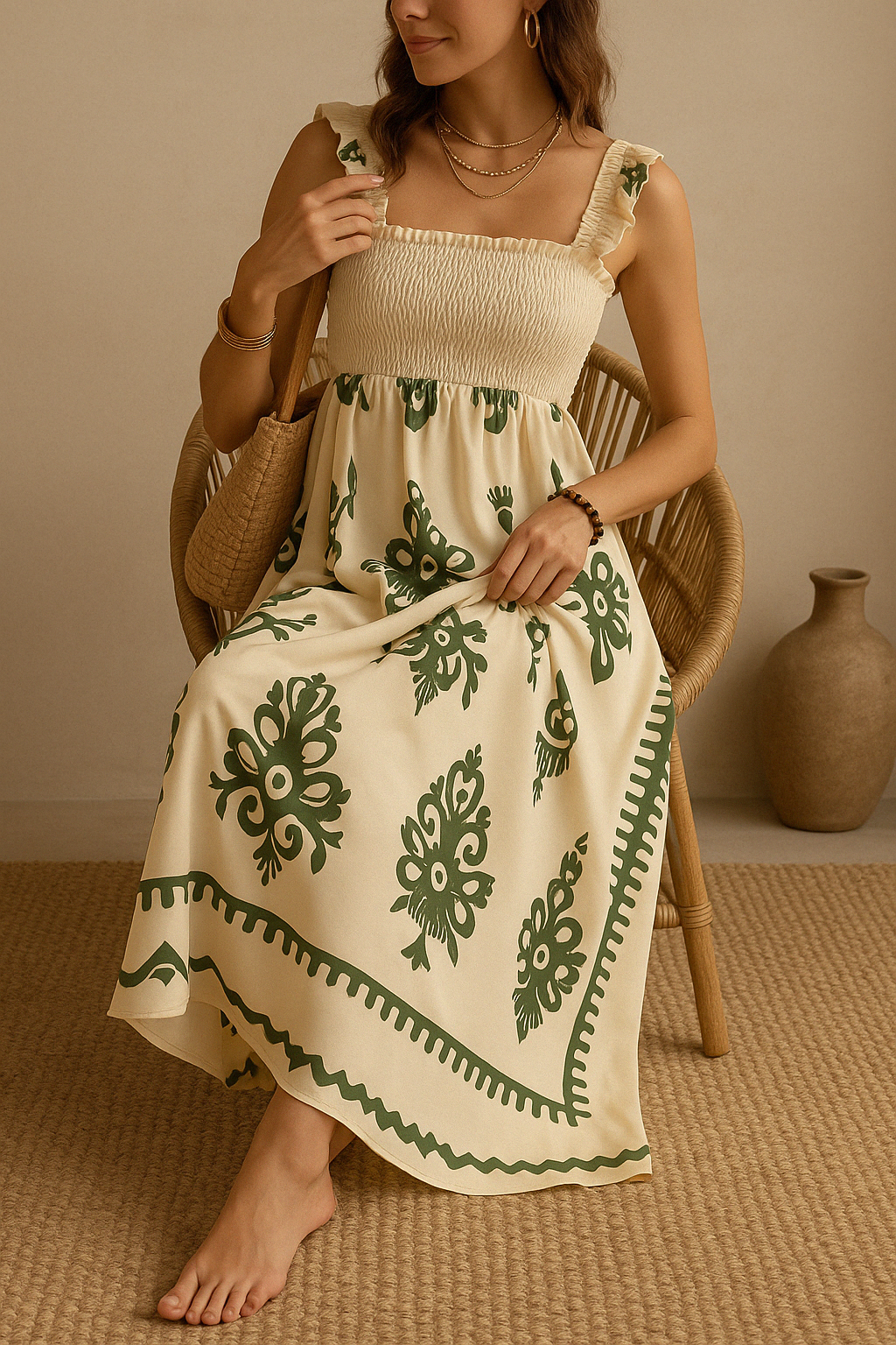 Alina - Smocked A-Line Midi Dress with Boho Embroidered Pattern