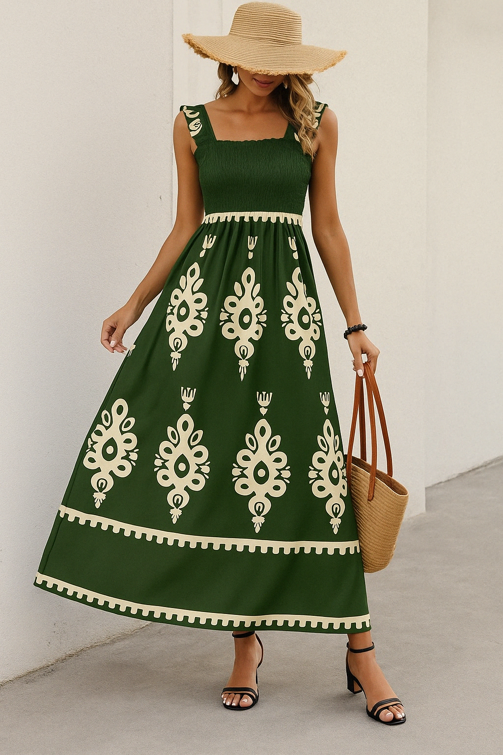Alina - Smocked A-Line Midi Dress with Boho Embroidered Pattern