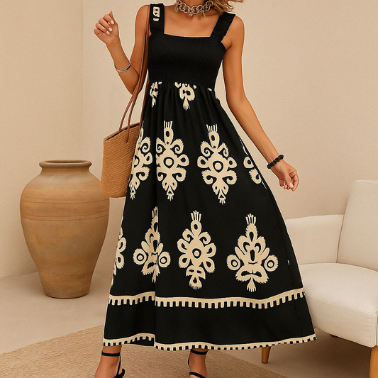 Alina - Smocked A-Line Midi Dress with Boho Embroidered Pattern