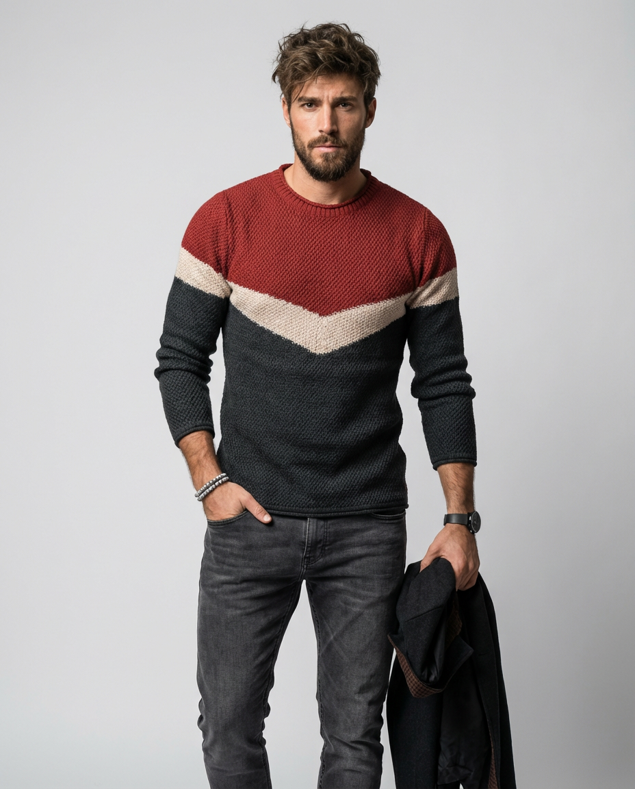 Men's Sweater Colour Block Crew Neck | Casual Knit