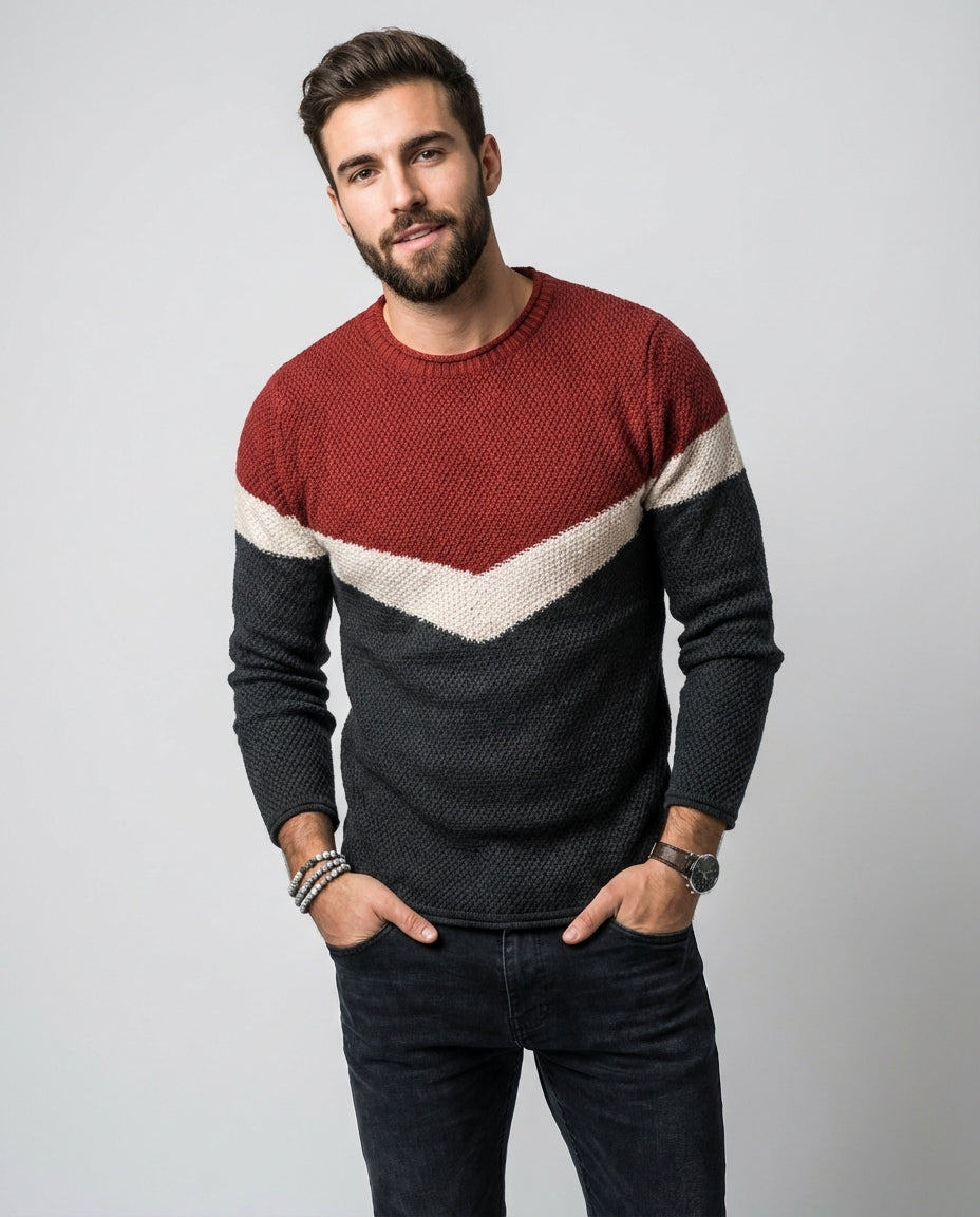 Men's Sweater Colour Block Crew Neck | Casual Knit