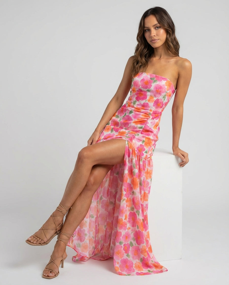 Women's Maxi Dress Strapless Floral Split | Summer Style
