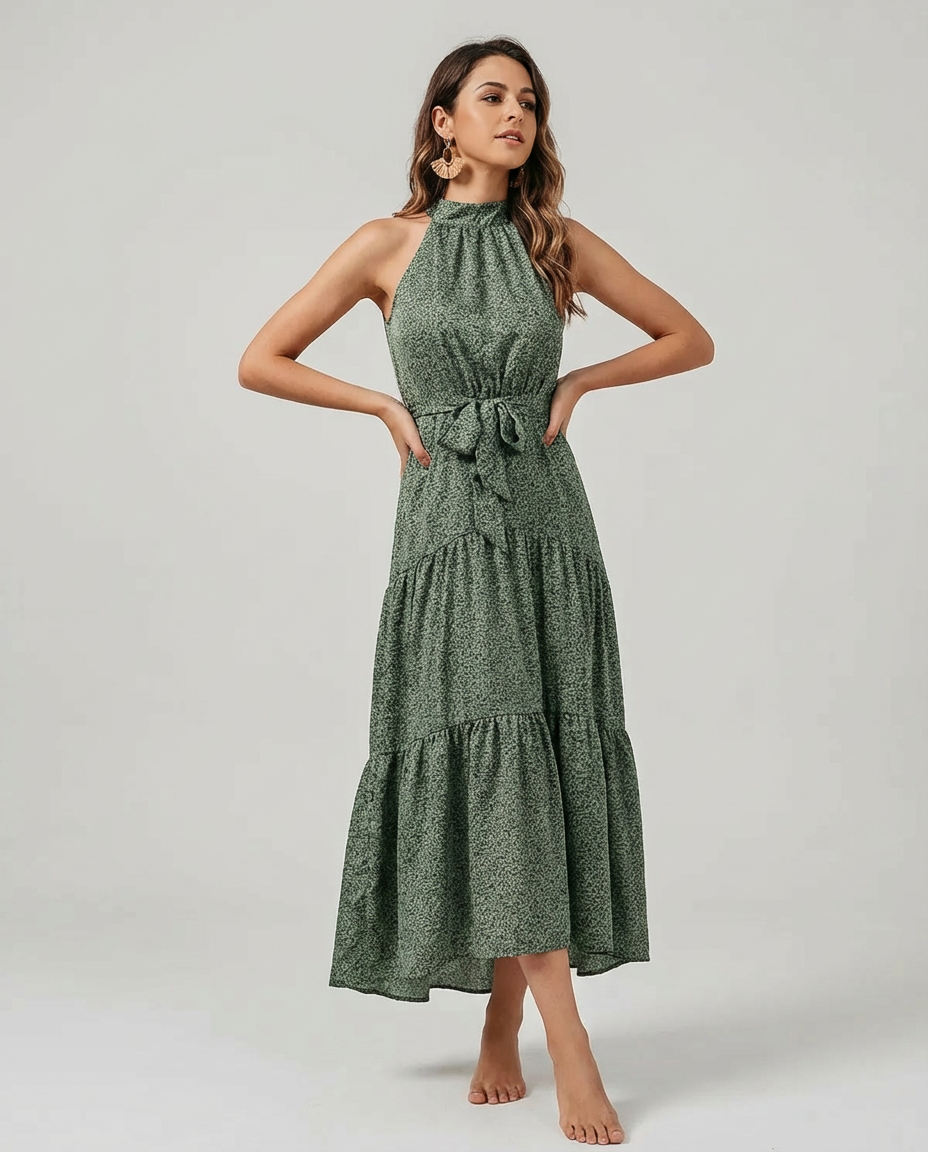 Women's Midi Dress Halter Neck Tie Waist | Tiered Hem