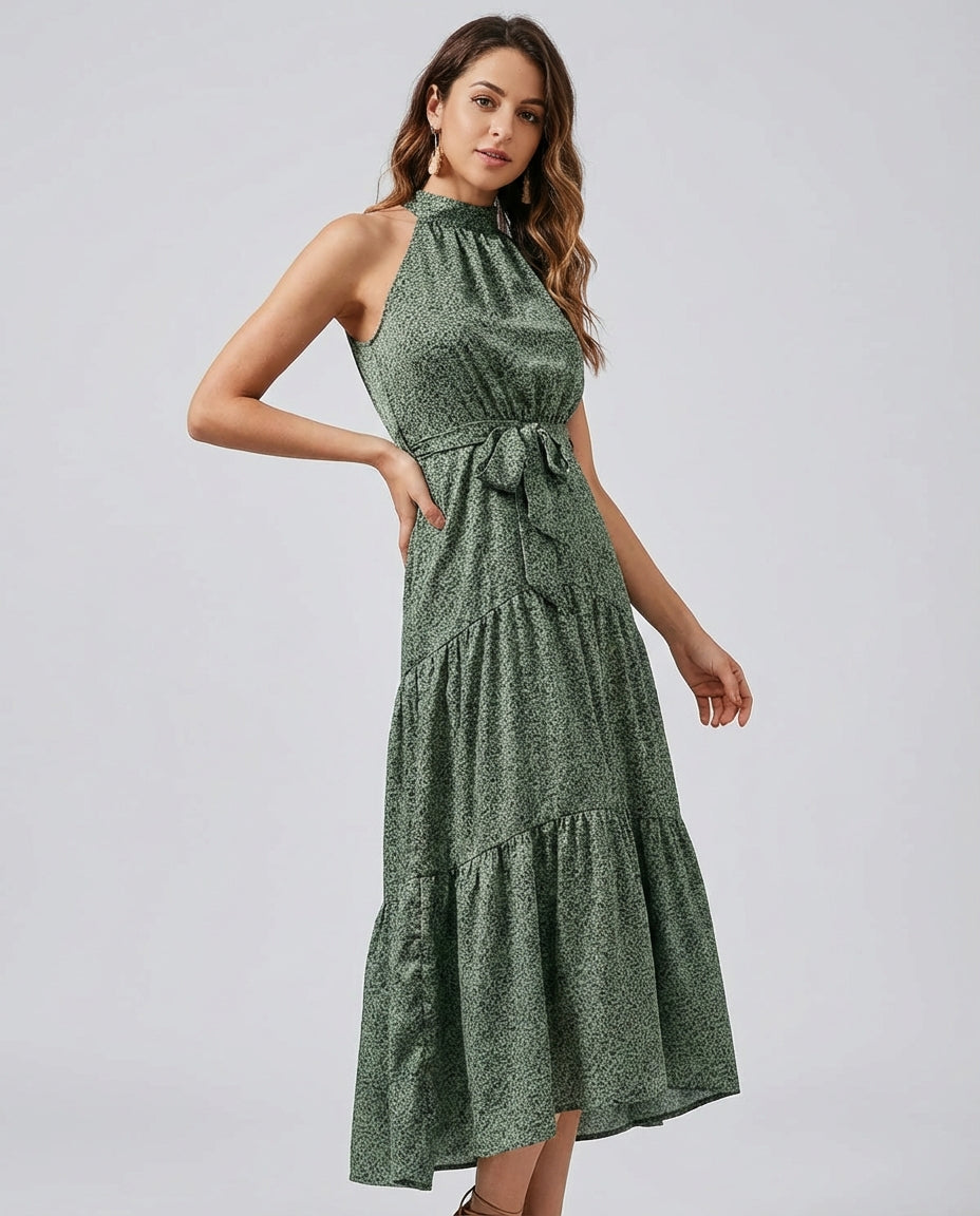 Women's Midi Dress Halter Neck Tie Waist | Tiered Hem