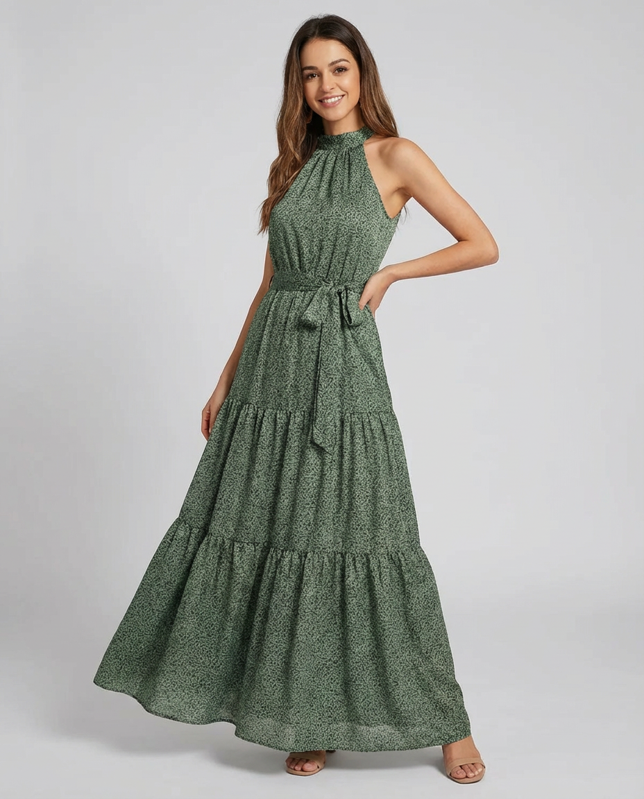 Women's Midi Dress Halter Neck Tie Waist | Tiered Hem