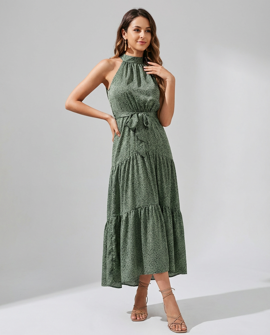 Women's Midi Dress Halter Neck Tie Waist | Tiered Hem