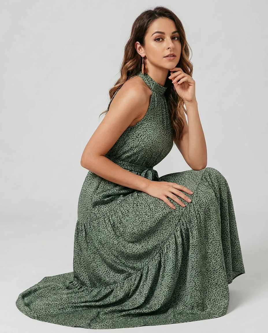 Women's Midi Dress Halter Neck Tie Waist | Tiered Hem
