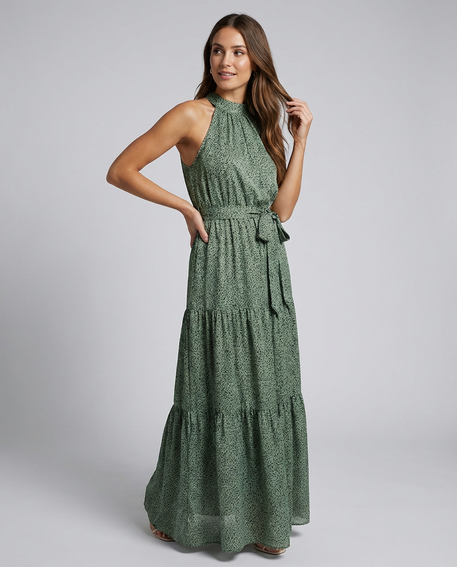 Women's Midi Dress Halter Neck Tie Waist | Tiered Hem