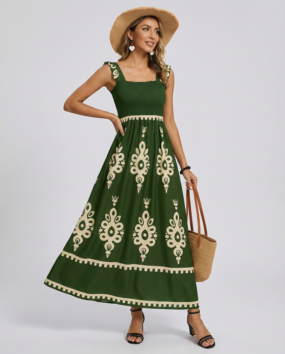 Women's Midi Dress Smocked Square Neck | Boho Print