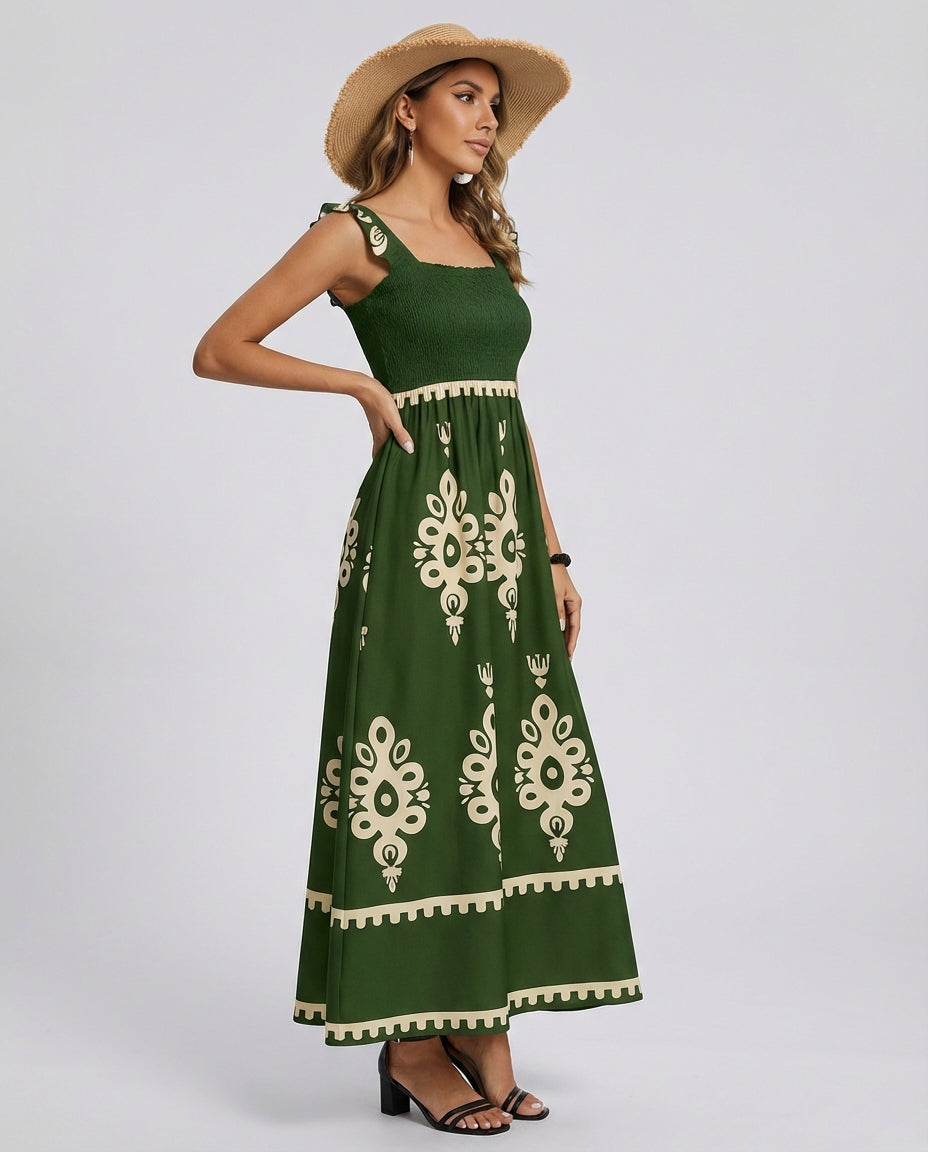 Women's Midi Dress Smocked Square Neck | Boho Print