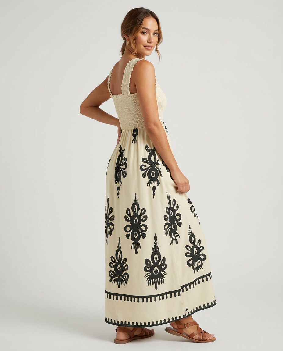 Women's Midi Dress Smocked Square Neck | Boho Print