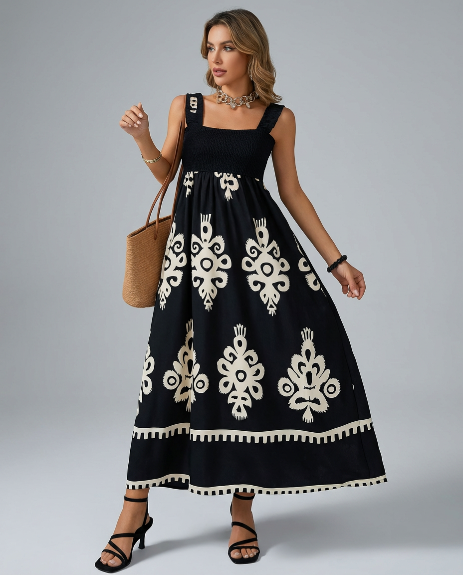 Women's Midi Dress Smocked Square Neck | Boho Print