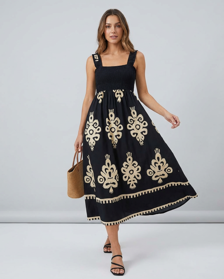 Women's Midi Dress Smocked Square Neck | Boho Print