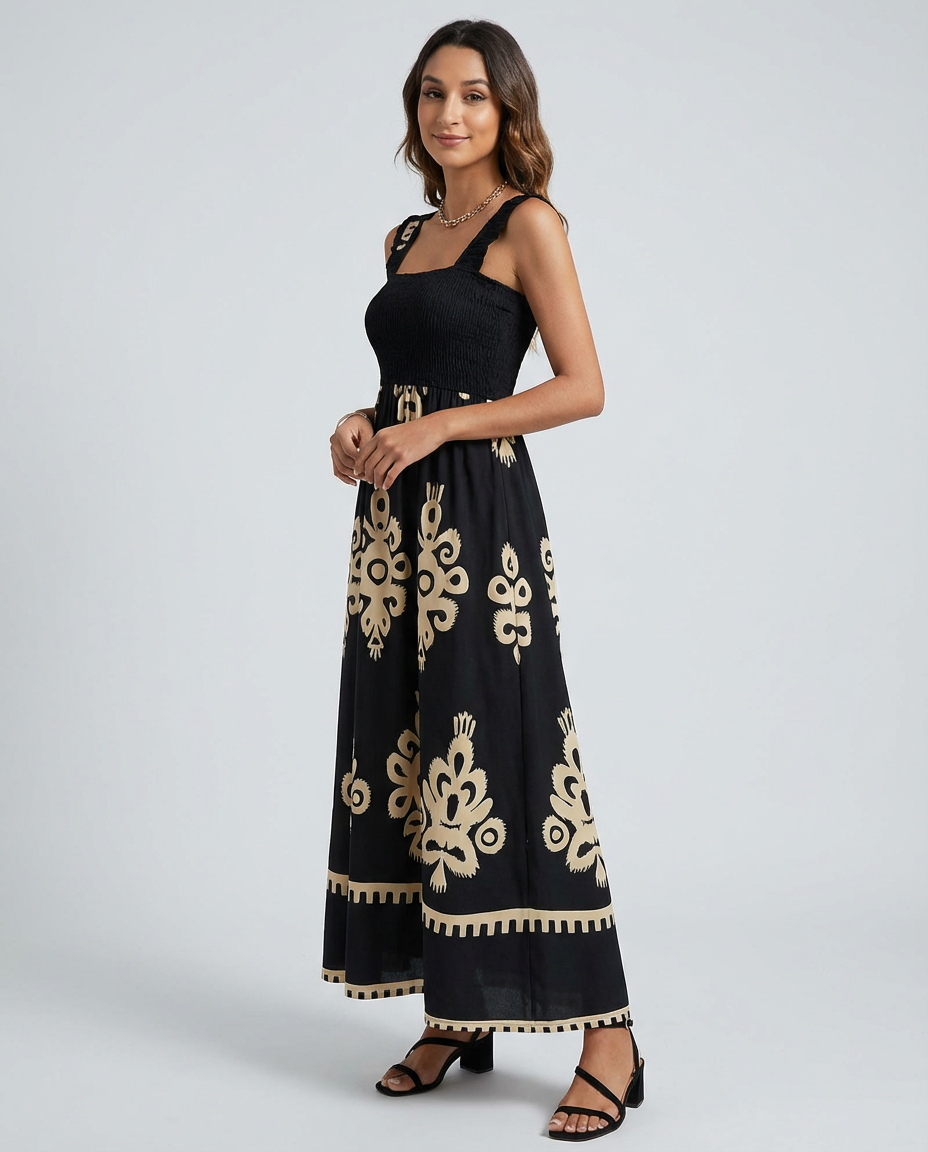 Women's Midi Dress Smocked Square Neck | Boho Print