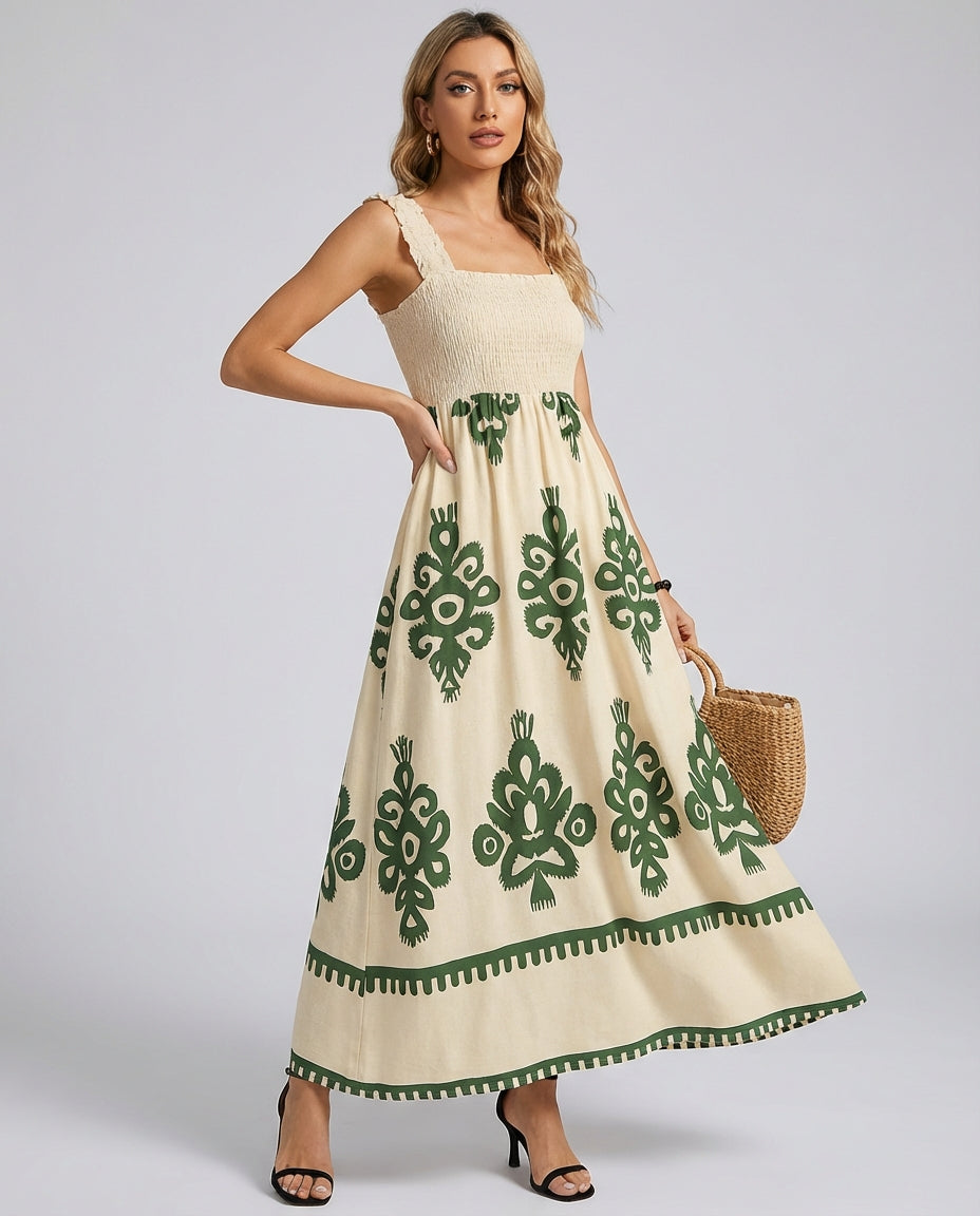 Women's Midi Dress Smocked Square Neck | Boho Print