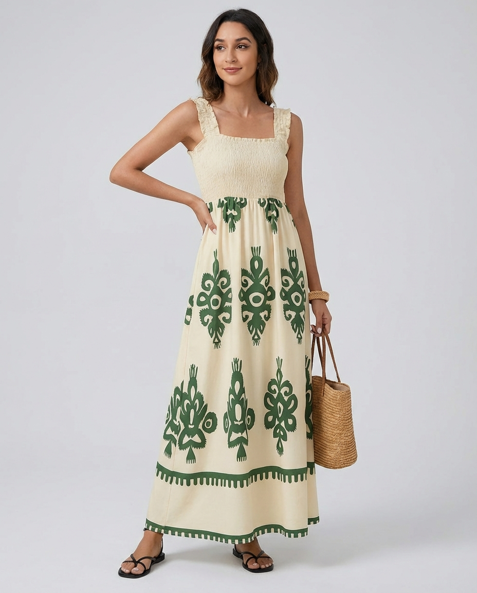 Women's Midi Dress Smocked Square Neck | Boho Print