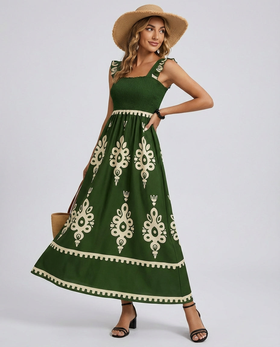 Women's Midi Dress Smocked Square Neck | Boho Print
