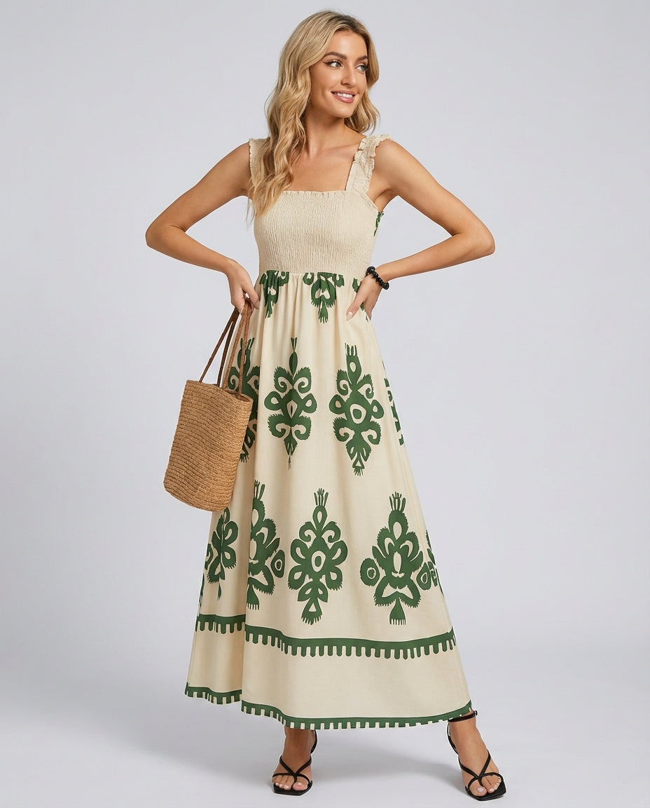 Women's Midi Dress Smocked Square Neck | Boho Print