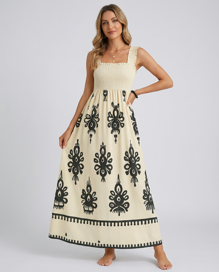 Women's Midi Dress Smocked Square Neck | Boho Print